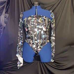 SHEIN Black Off-Shoulder Mushroom Print Bodysuit with Pastel Accents